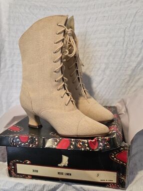 Anne Michelle Beige Linen Lace-Up Ankle Boots